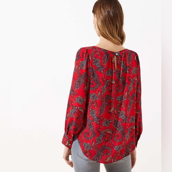 LOFT  Red Paisley Boatneck Long Sleeve Blouse Womens Medium - Picture 2 of 8